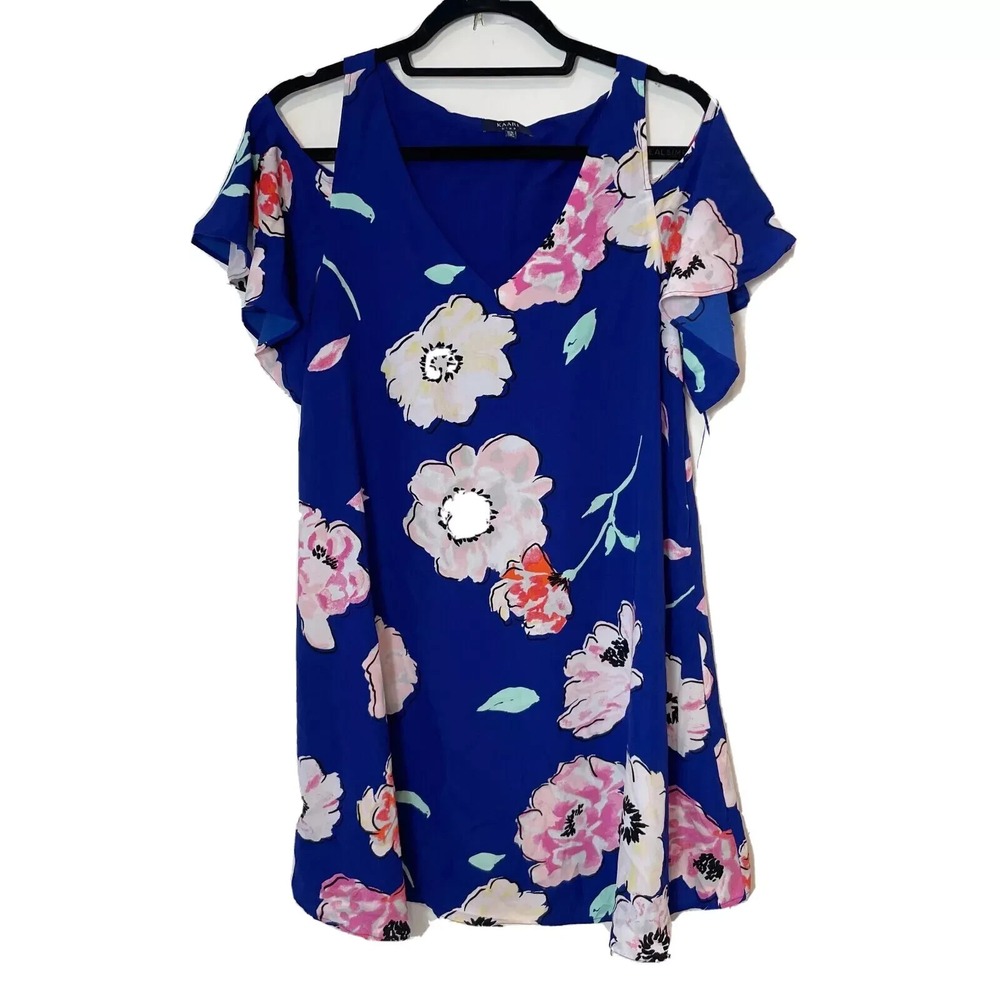 Kaari Cold Shoulder Floral Shift Mini Dress Womens Size XS Blue Floral V-Neck